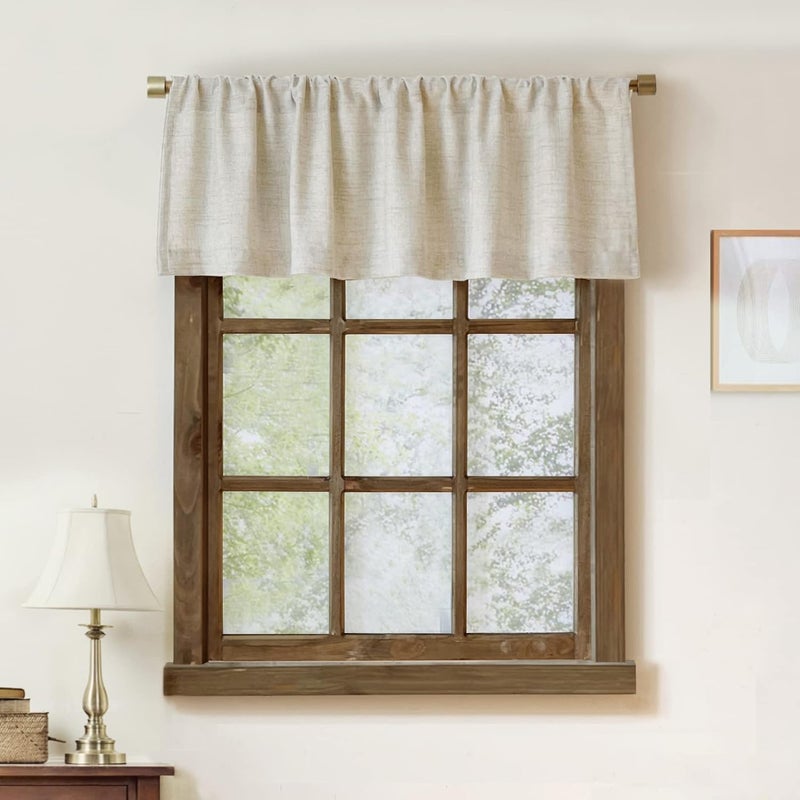 Oindec Faux Linen Valance for Windows Kitchen Living Room Valances Rod Pocket Farmhouse Country Rustic Bathroom Small Window Treatment (54x15 inch, Natural) - Image 1